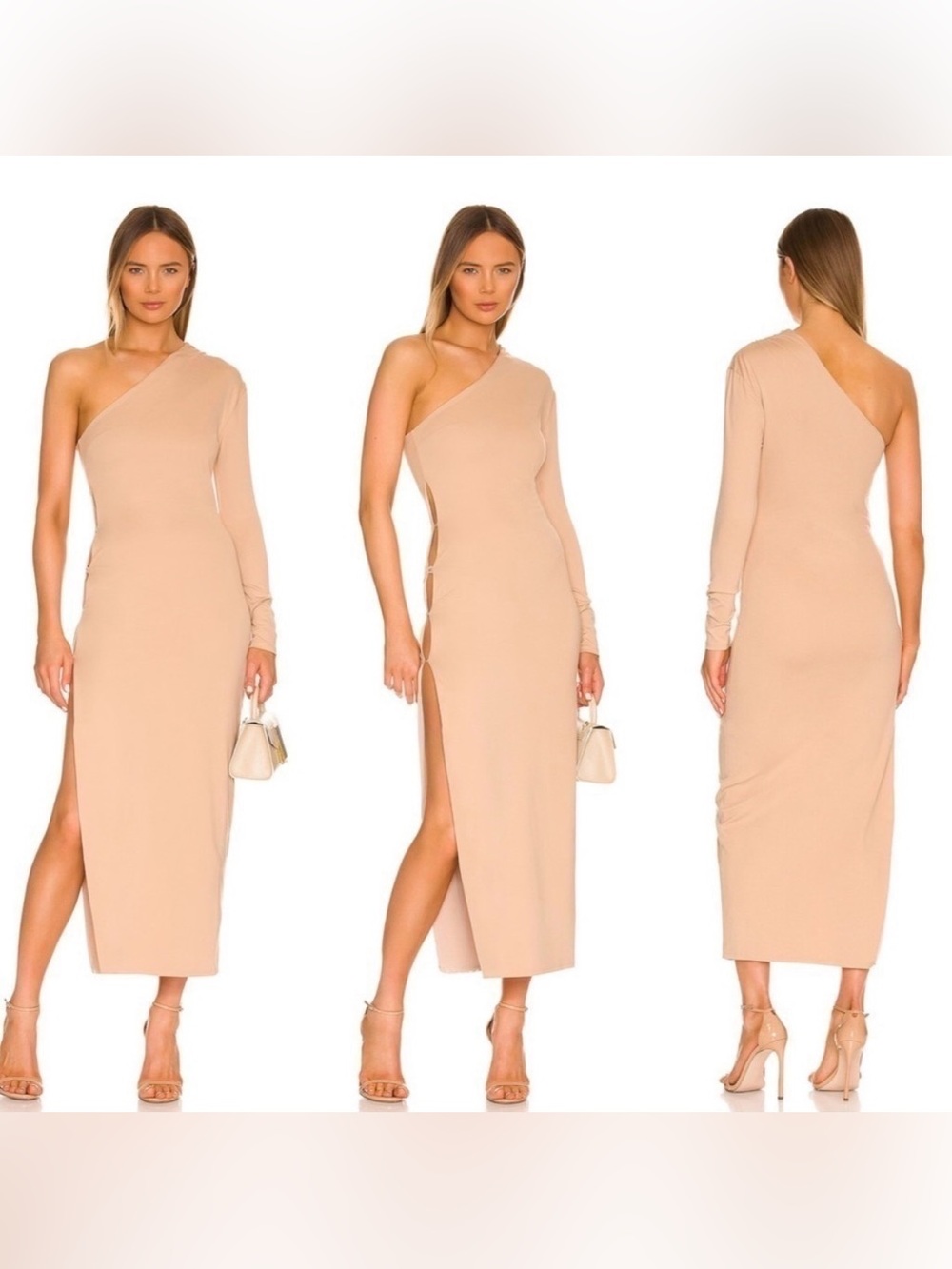 Not Yours To Keep Kyrie Midi Dress Soft Sand One Shoulder Cutout | Size Small